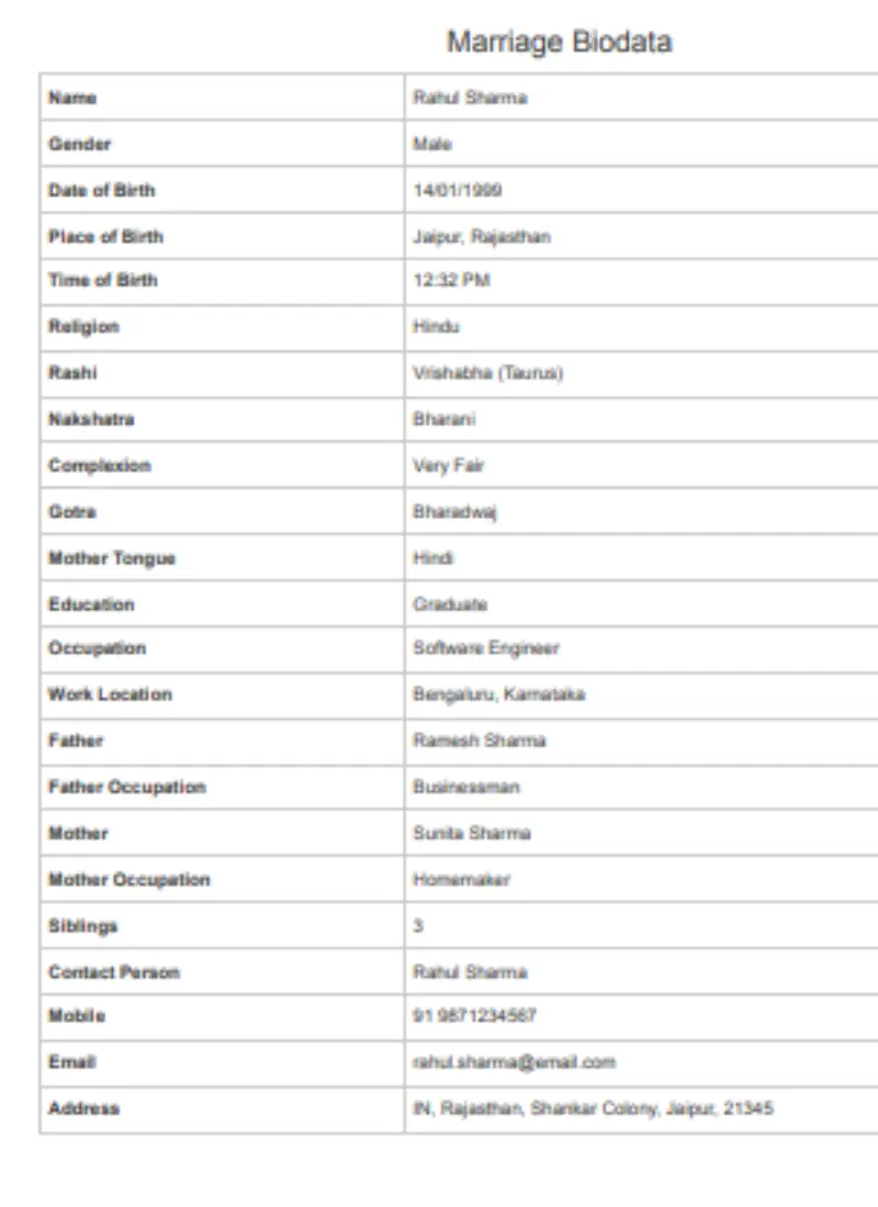Marriage Biodata Word Format